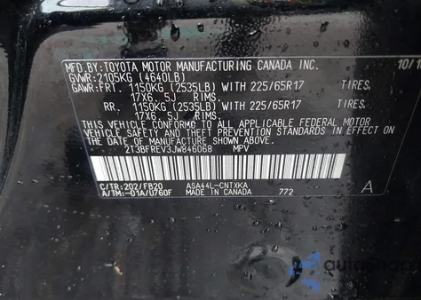 2018 Toyota Rav4 Le из США, поврежденный, VIN 2T3BFREV3JW846068